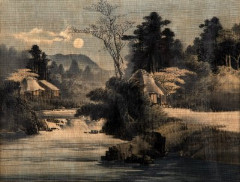 Пейзаж с изображением речного пейзажа, живопись, ткань, багет, Япония, 1900-1930 гг.