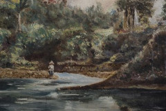 Картина "Пейзаж с деревом у водоёма" (название условное), оформленная в раму, неизвестный художник, холст, масло, СССР, 1950-1980 гг.