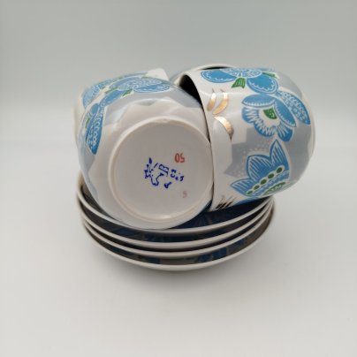 Набор чайных пар с цветочным декором на 4 персоны, фарфор, деколь, золочение, Дмитровский фарфоровый завод (ДФЗ Вербилки), СССР, 1970-1991 гг.