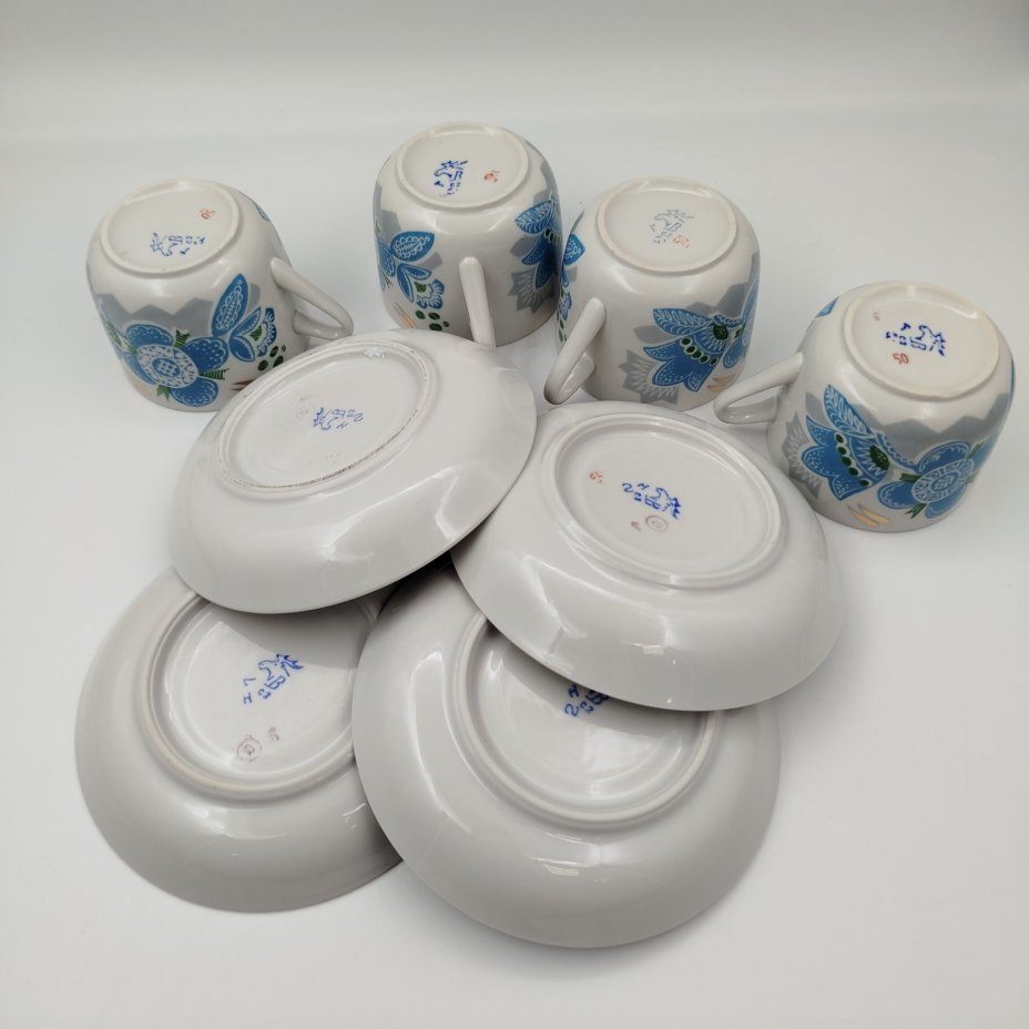 Набор чайных пар с цветочным декором на 4 персоны, фарфор, деколь, золочение, Дмитровский фарфоровый завод (ДФЗ Вербилки), СССР, 1970-1991 гг.