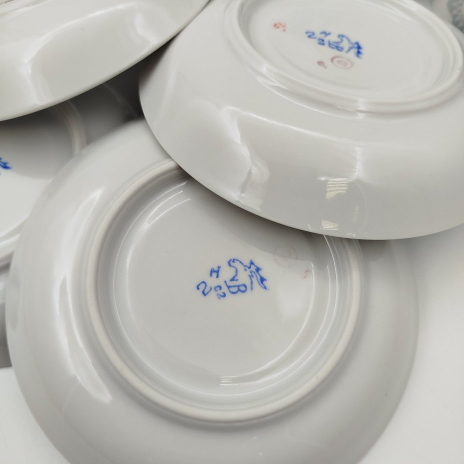 Набор чайных пар с цветочным декором на 4 персоны, фарфор, деколь, золочение, Дмитровский фарфоровый завод (ДФЗ Вербилки), СССР, 1970-1991 гг.