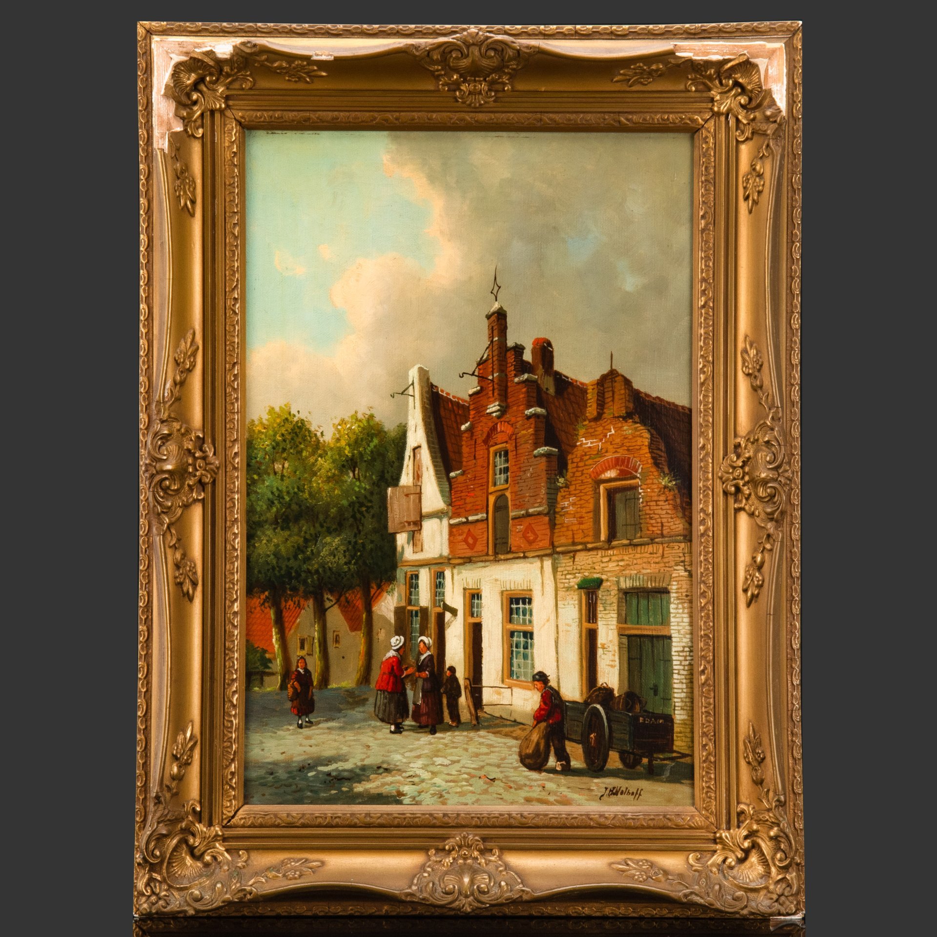 Картина "Голландская улочка. Эдам", неизвестный художник, холст, масло, в раме, Западная Европа, 1970-1990 гг.