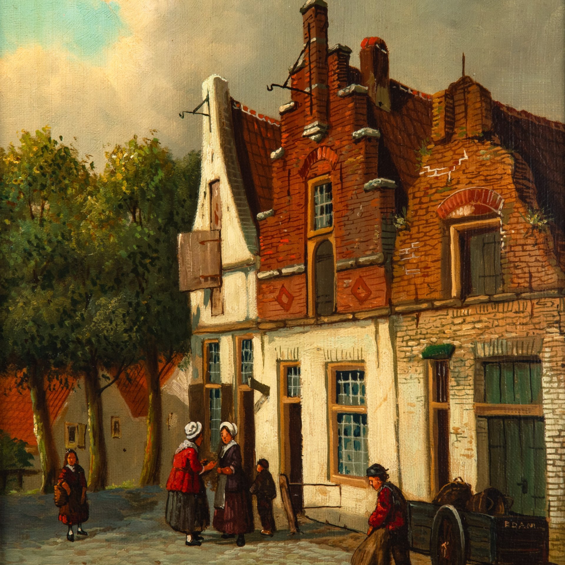 Картина "Голландская улочка. Эдам", неизвестный художник, холст, масло, в раме, Западная Европа, 1970-1990 гг.