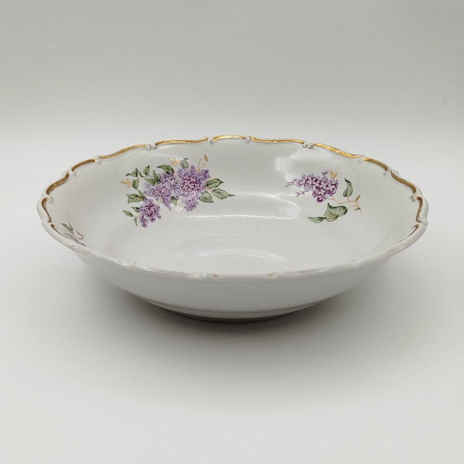 Блюдо (салатник) из сервиза "Сирень", фарфор, крытье, золочение, Дулевский фарфоровый завод (Дулёво), СССР, 1959 г.