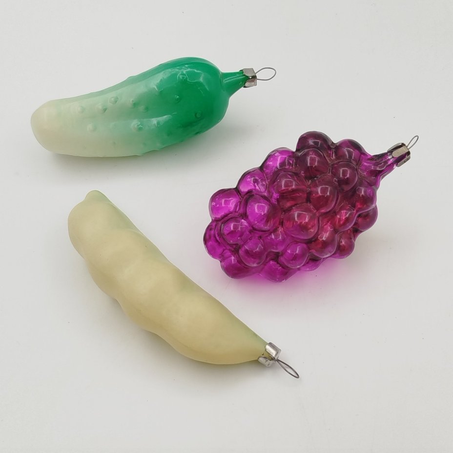 Набор из 3-х ёлочных игрушек "Огурец", "Виноград", "Горох"