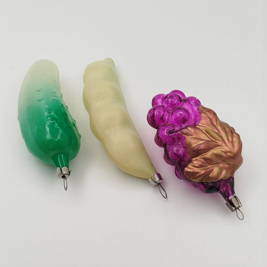 Набор из 3-х ёлочных игрушек "Огурец", "Виноград", "Горох"