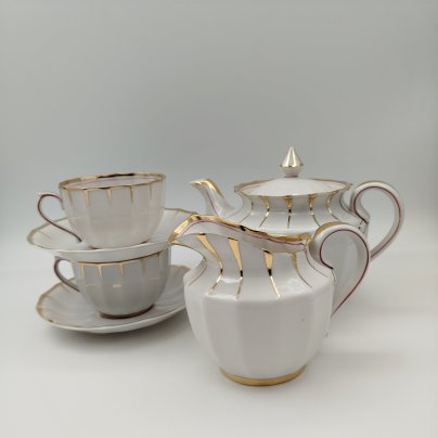 Сервиз чайный "Золотая лента" на 2 персоны (6 предметов), фарфор, золочение, Дмитровский фарфоровый завод (ДФЗ Вербилки), СССР, 1965-1991 гг.