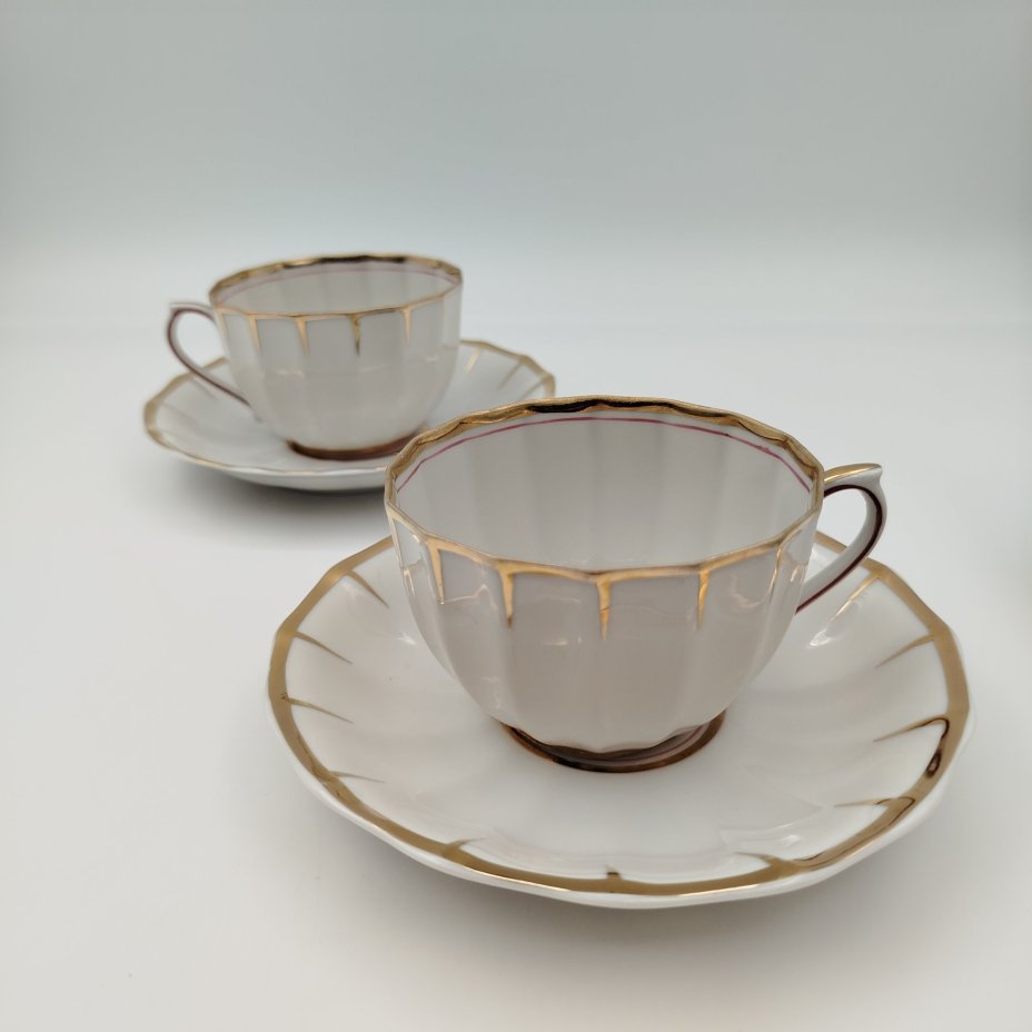 Сервиз чайный "Золотая лента" на 2 персоны (6 предметов), фарфор, золочение, Дмитровский фарфоровый завод (ДФЗ Вербилки), СССР, 1965-1991 гг.