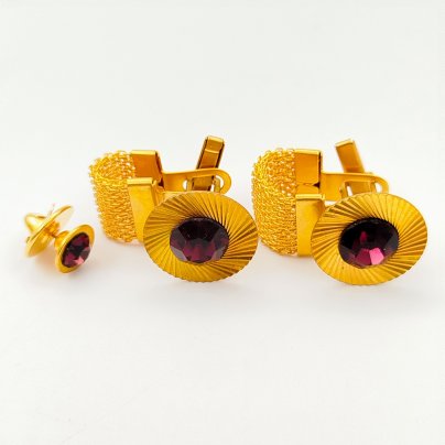 Запонки "Эффект" и брошь-зажим золотистого цвета с вставками фиолетового оттенка в футляре