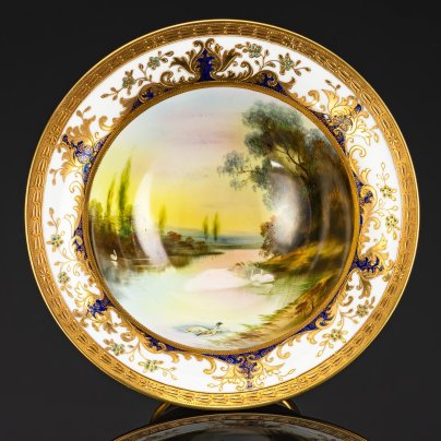 Блюдо глубокое с изображением пейзажа и орнаментом по борту, фарфор, роспись, золочение, Noritake, Япония, 1908-1911 гг.