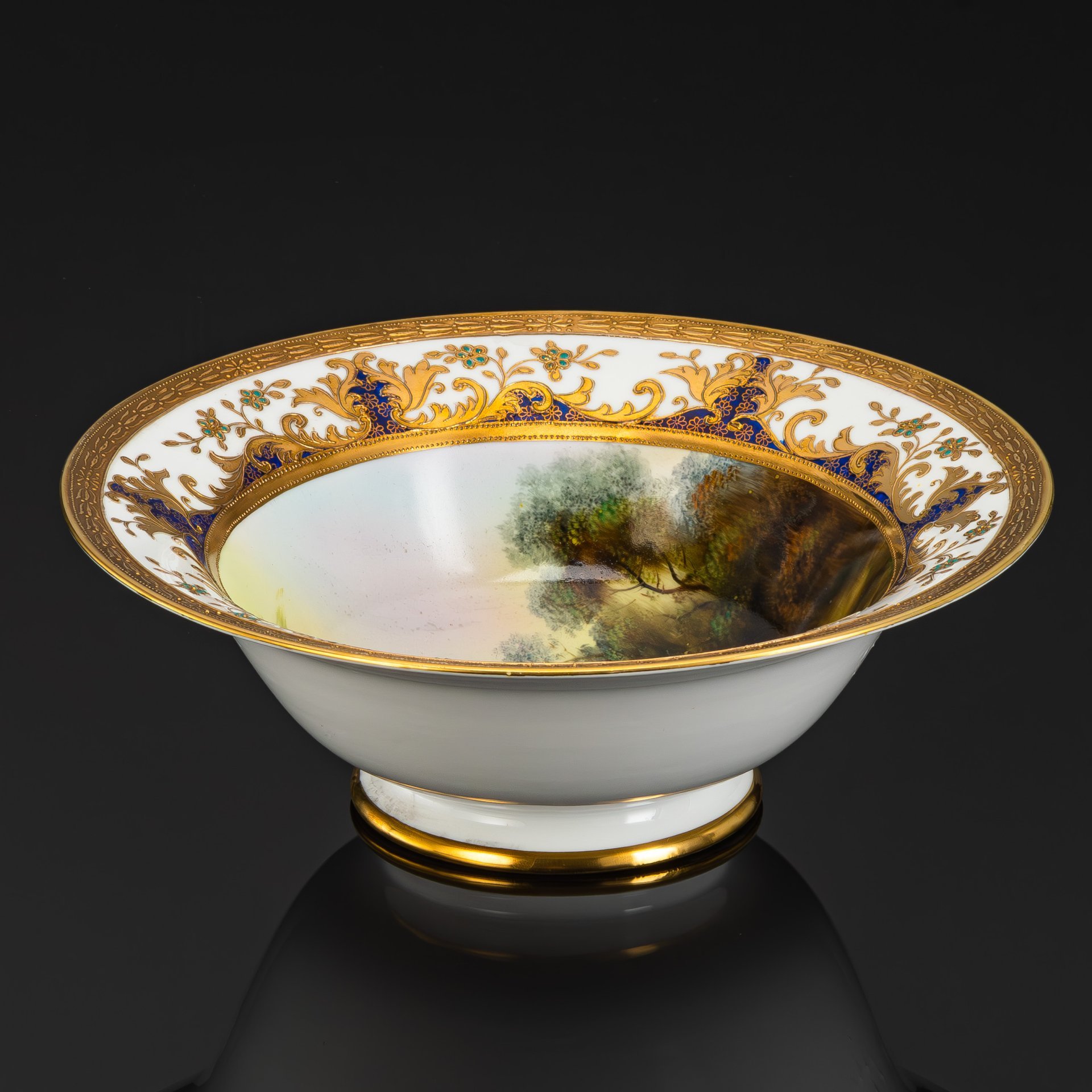 Блюдо глубокое с изображением пейзажа и орнаментом по борту, фарфор, роспись, золочение, Noritake, Япония, 1908-1911 гг.
