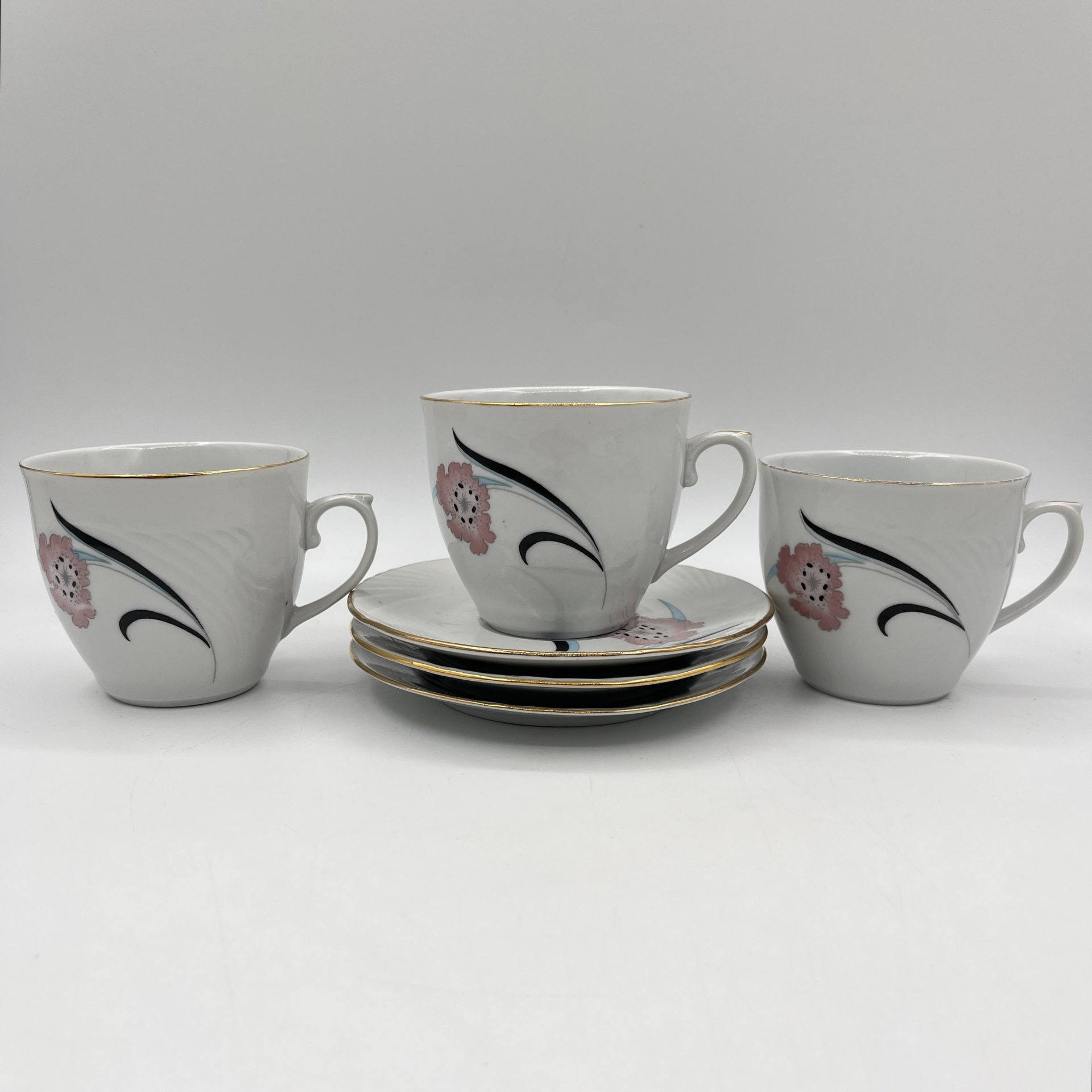 Набор из 3-х чайных пар с цветочным декором, Cluj-Napoca Porcelain