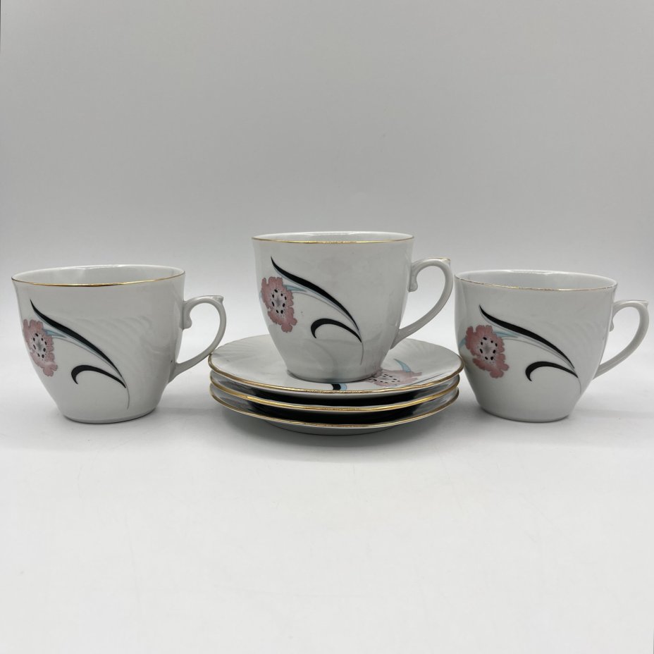 Набор из 3-х чайных пар с цветочным декором, Cluj-Napoca Porcelain
