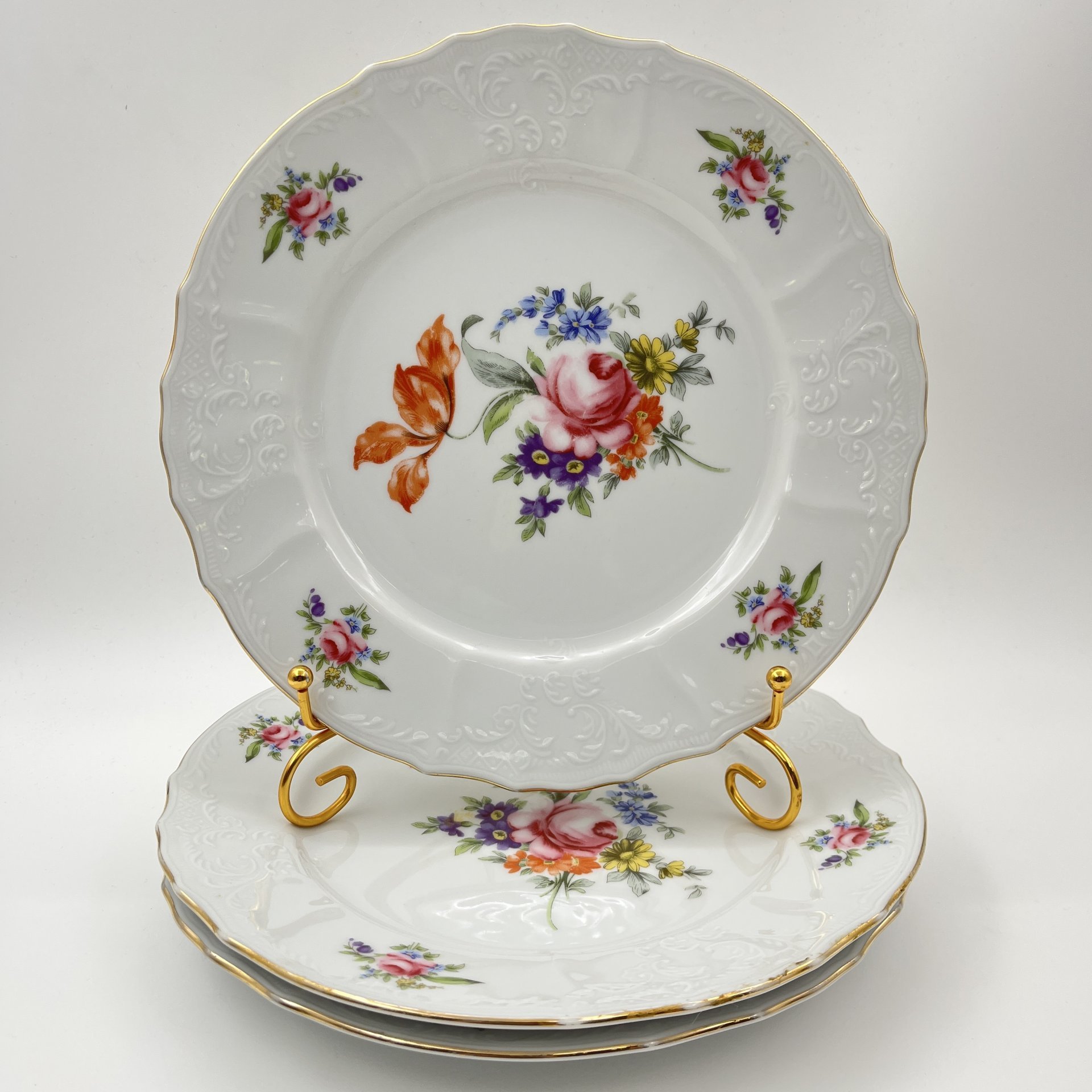 Набор из 3-х обеденных тарелок "Мейсенский букет", фарфор, деколь, золочение, Bernadotte, Чехия, 1991-2000 гг.