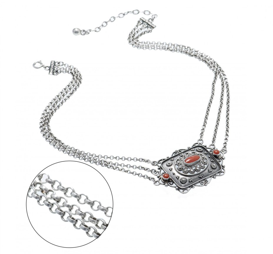 Колье винтажное с вставками кораллов, серебро 835 пр., Австрия, 1950-1970 гг.