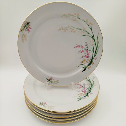 Набор обеденных тарелок с цветочным декором на 6 персон, фарфор, деколь, золочение, Bareuther & Co., Bavaria, Германия, 1931-1945 гг.