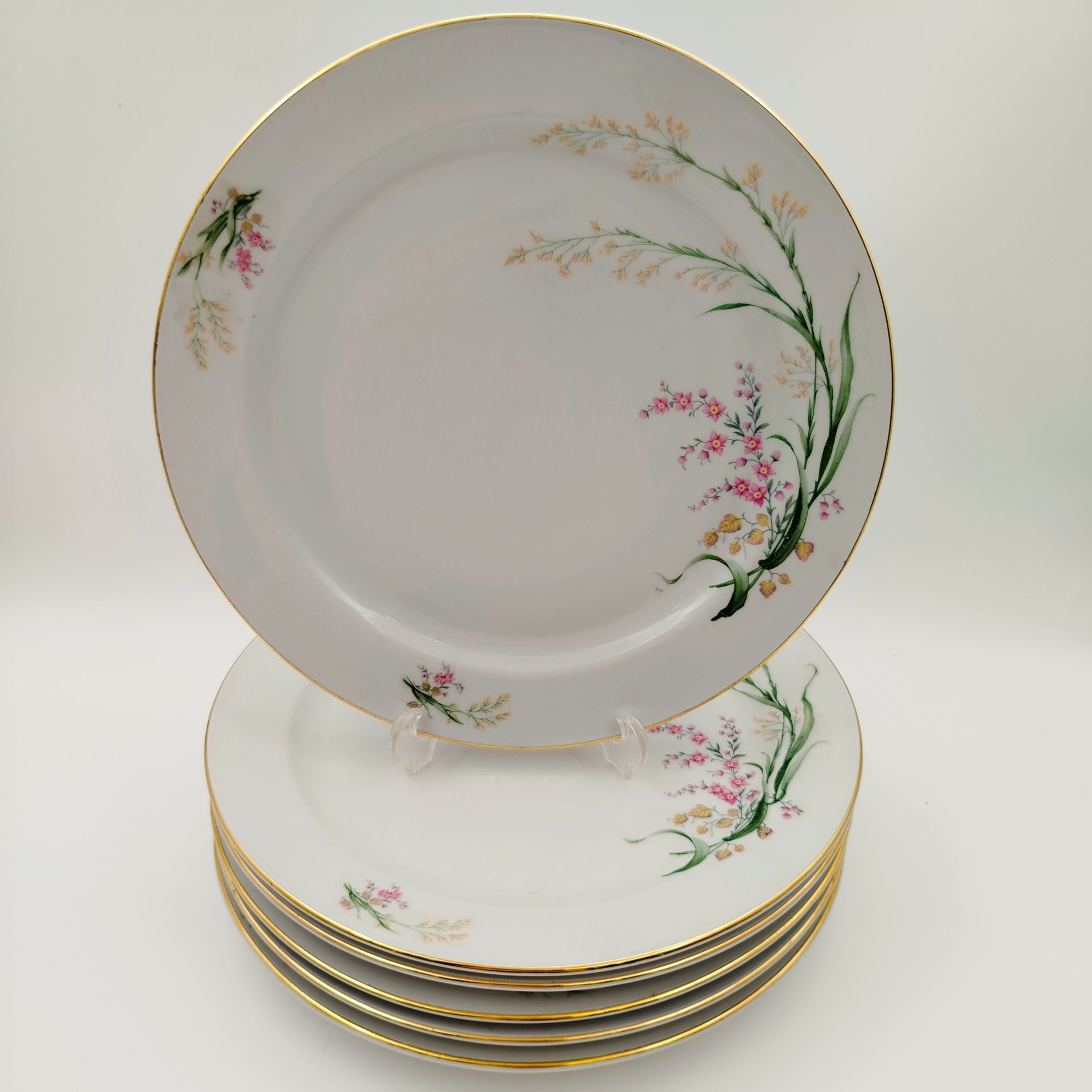 Набор обеденных тарелок с цветочным декором на 6 персон, фарфор, деколь, золочение, Bareuther & Co., Bavaria, Германия, 1931-1945 гг.