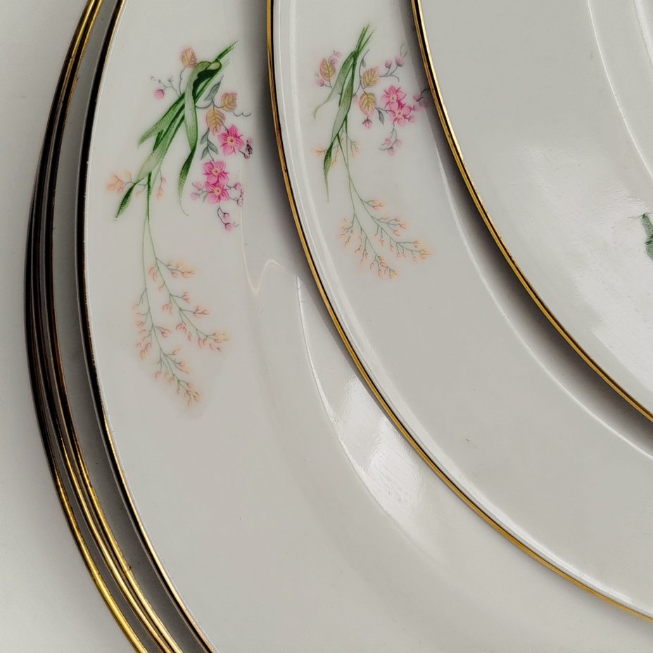 Набор обеденных тарелок с цветочным декором на 6 персон, фарфор, деколь, золочение, Bareuther & Co., Bavaria, Германия, 1931-1945 гг.