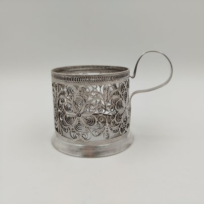 Подстаканник с ажурным цветочным декором, мельхиор (медь-никель), скань, Мстерский завод художественных изделий «Ювелир»