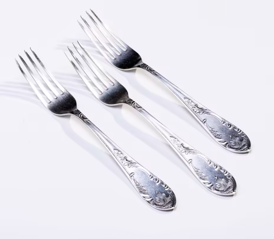 Набор столовых вилок с растительным декором на 3 персоны, мельхиор, завод "Платиноприбор", СССР,  1930-1950 гг., Московский платиновый завод «Платиноприбор» (МПЗ)