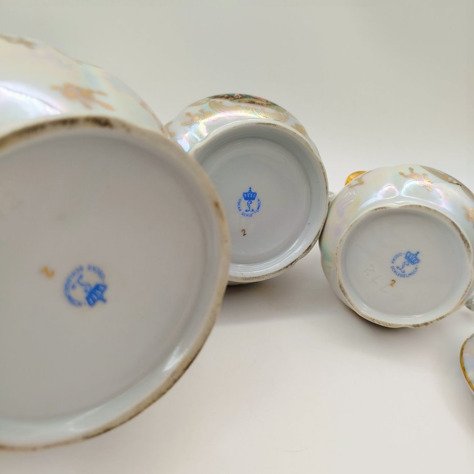 Набор кофейный "Мадонна" (кофейник, сахарница, молочник), фарфор, люстр, деколь, золочение, Oscar Schlegelmilch, ГДР, 1953-1972 гг.