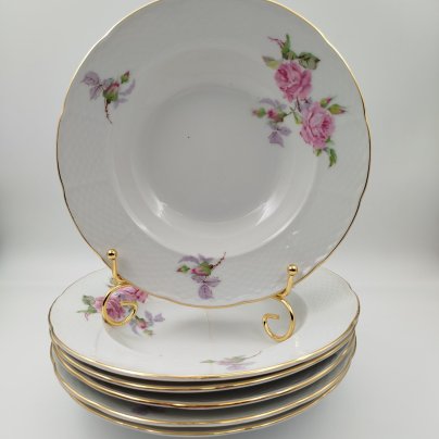 Набор суповых (глубоких) тарелок с цветочным декором на 6 персон, фарфор, деколь, золочение, Thun (Тун), Чехословакия, 1970-1990 гг.