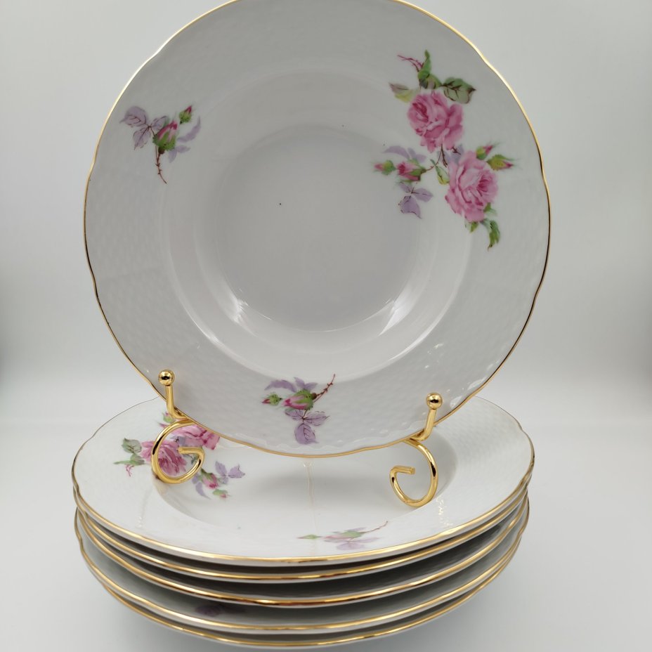 Набор суповых (глубоких) тарелок с цветочным декором на 6 персон, фарфор, деколь, золочение, Thun (Тун), Чехословакия, 1970-1990 гг.