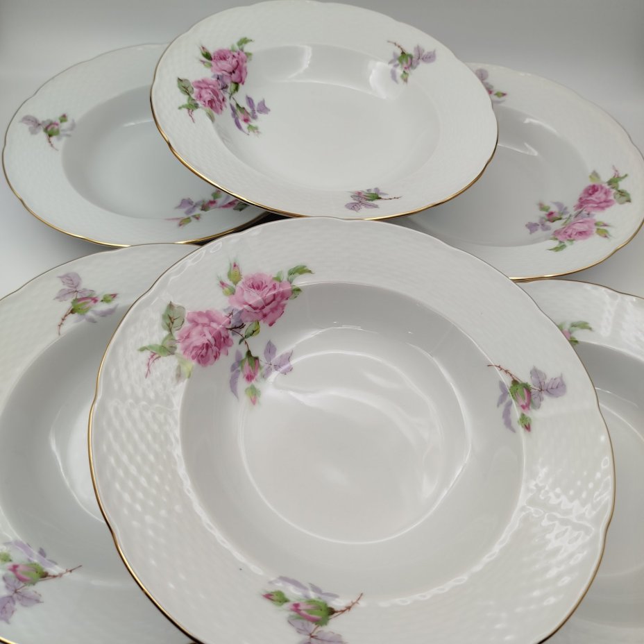Набор суповых (глубоких) тарелок с цветочным декором на 6 персон, фарфор, деколь, золочение, Thun (Тун), Чехословакия, 1970-1990 гг.