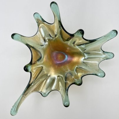 Ваза (фруктовница) "Медуза", Керченский стекольный завод (предположительно), цветное стекло, люстр, гутная техника, СССР, 1970-1990 гг.