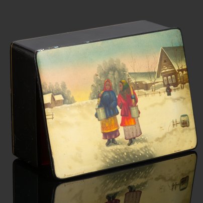 Шкатулка (лаковая миниатюра) "Соперницы" по картине Николая Касаткина, папье-маше, лак, роспись,  письмо "по-сквозному", Федоскинская фабрика миниатюрной живописи (Федоскино), СССР, 1968 г.