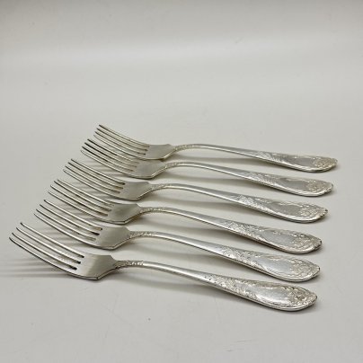 Набор из шести обеденных вилок с растительным декором, мНЦ (медь-никель-цинк), Вольнянский завод столовых приборов им. Шевченко (ЗiШ, ЗиШ), СССР, 1960-1980 гг.