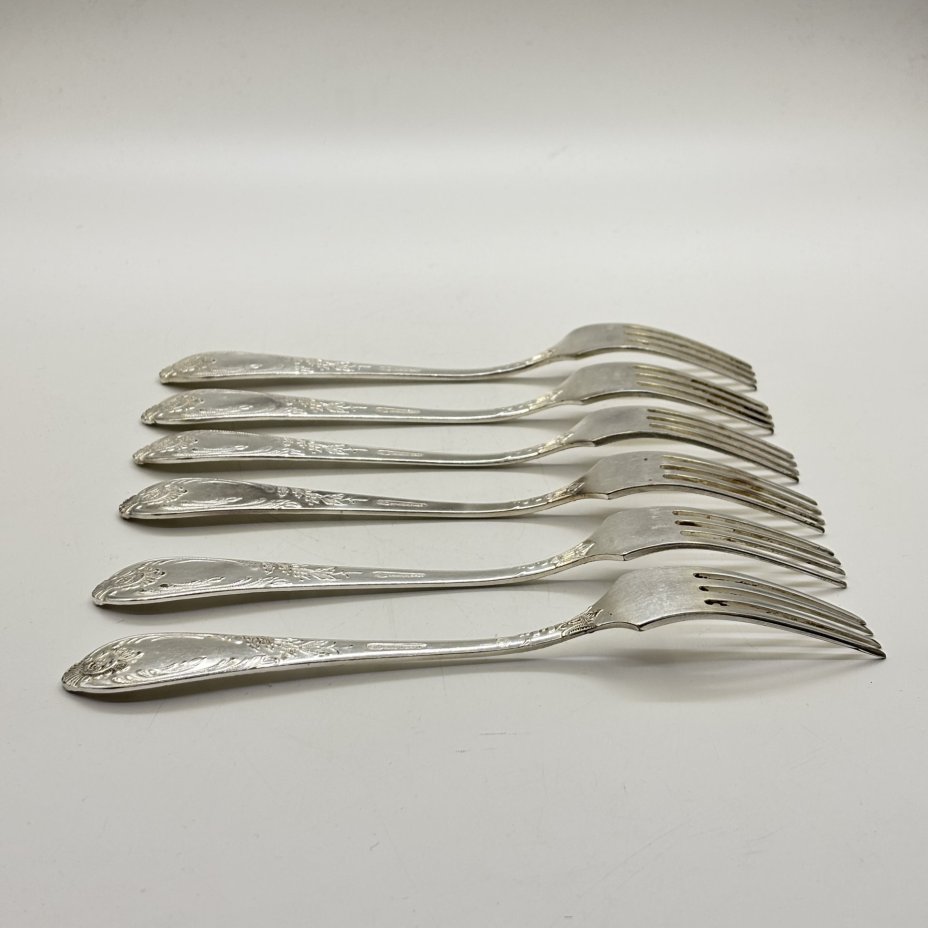 Набор из шести обеденных вилок с растительным декором, мНЦ (медь-никель-цинк), Вольнянский завод столовых приборов им. Шевченко (ЗiШ, ЗиШ), СССР, 1960-1980 гг.