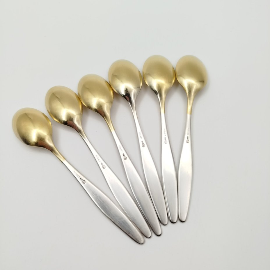 Набор из 6-ти чайных ложек, украшенных геометрическим декором, в коробке, мНЦ (медь-никель-цинк), картон, ткань, Кольчугинский завод цветных металлов, СССР, 1960-1980 гг.