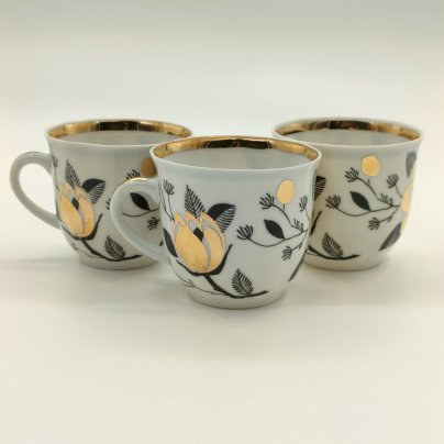 Набор из 3-х кофейных чашек "Золотая роза", фарфор, деколь, золочение, Дмитровский фарфоровый завод (ДФЗ Вербилки), СССР, 1965-1991 гг.