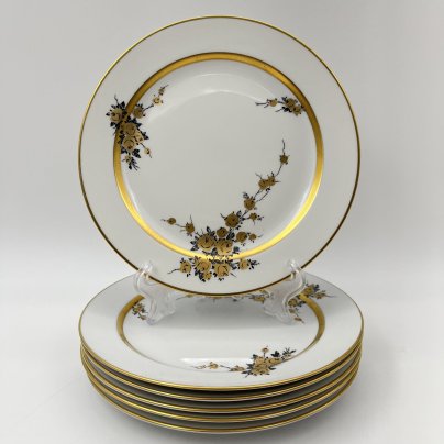 Набор из шести пирожковых тарелок с цветочным декором золотистого цвета, фарфор, деколь, золочение, Graf Von Henneberg Porzellan, 1777 Jlmenau, ГДР, 1973-1977 гг.
