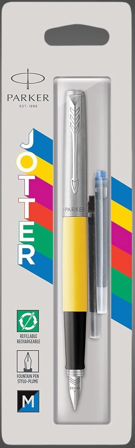 Перьевая ручка Parker Jotter, цвет ORIGINALS Yellow CT, цвет чернил синий/черный, толщина линии M, В БЛИСТЕРЕ, Металлы: нержавеющая сталь, пластик