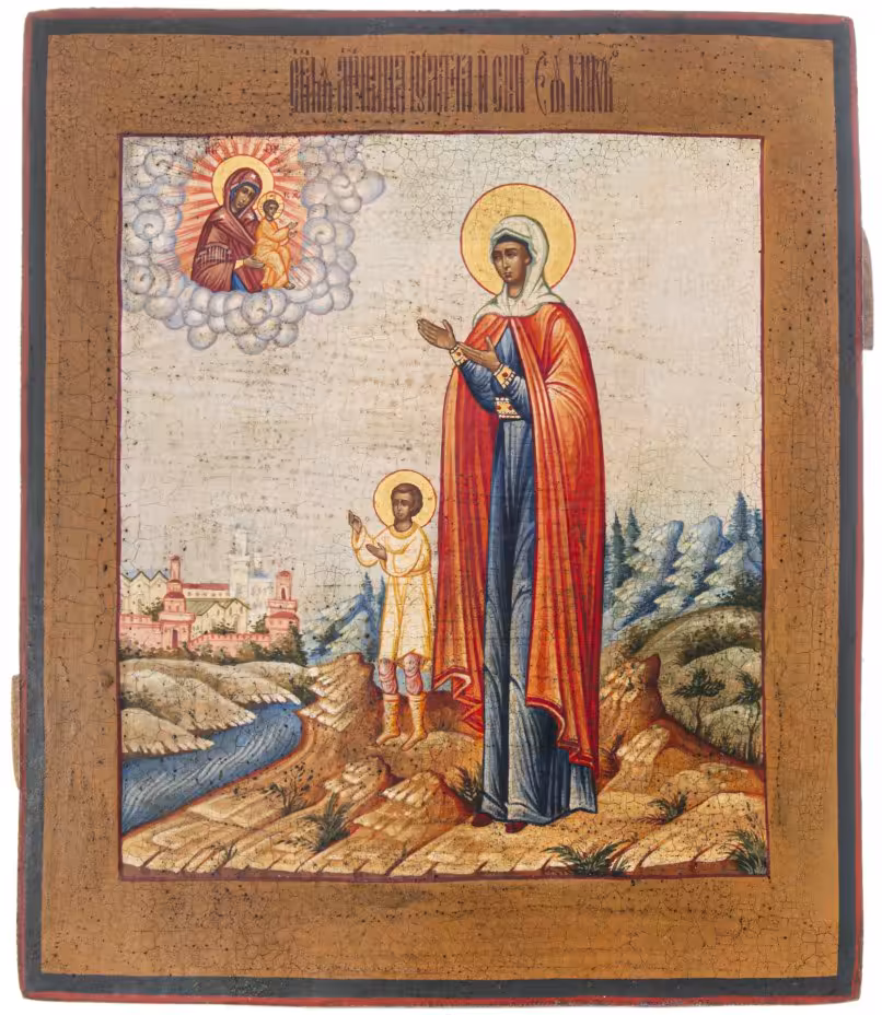 Икона  "Святые Мученики Кирик и Иулитта" (на старой доске), дерево, темпера, Россия, 1990-2000 гг.