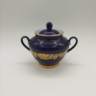 Сахарница с ажурным орнаментом, фарфор, крытье кобальтом, золочение, Ленинградский фарфоровый завод (ЛФЗ), СССР, 1970-1986 гг.