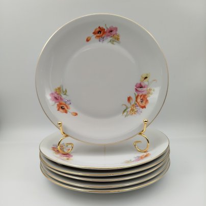 Набор из шести обеденных тарелок с цветочным декором, фарфор, деколь, золочение, Chodziez, Польша, 1964-1990 гг.