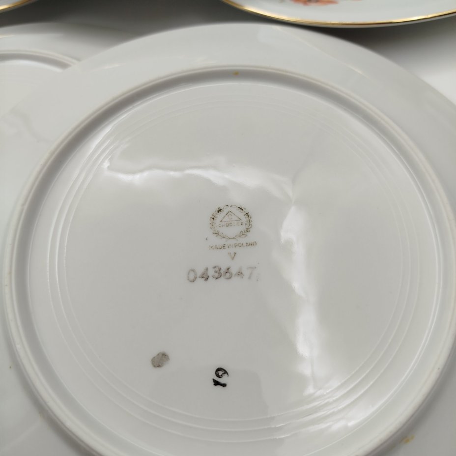 Набор из шести обеденных тарелок с цветочным декором, фарфор, деколь, золочение, Chodziez, Польша, 1964-1990 гг.