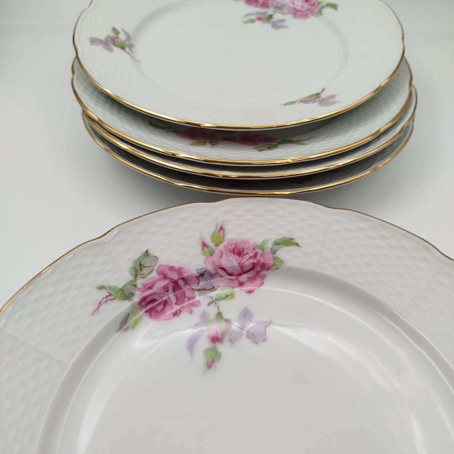 Набор обеденных тарелок с цветочным декором на 5 персон, фарфор, деколь, золочение, Thun (Тун), Чехословакия, 1970-1990 гг.