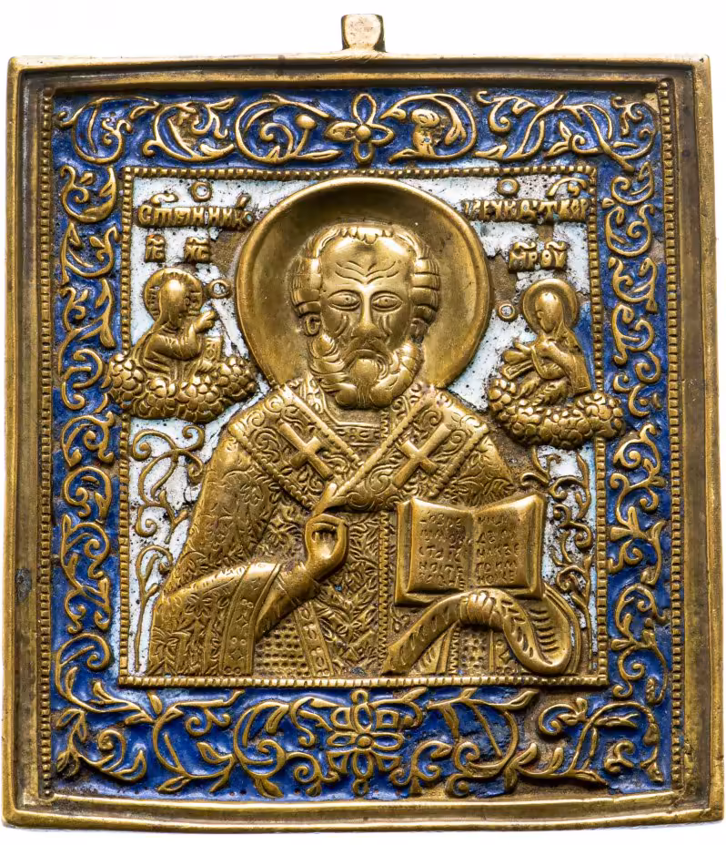 Икона "Святитель Николай Чудотворец" (Николай Угодник), бронза, литье, полихромные эмали, Российская Империя, 1850-1890 гг.