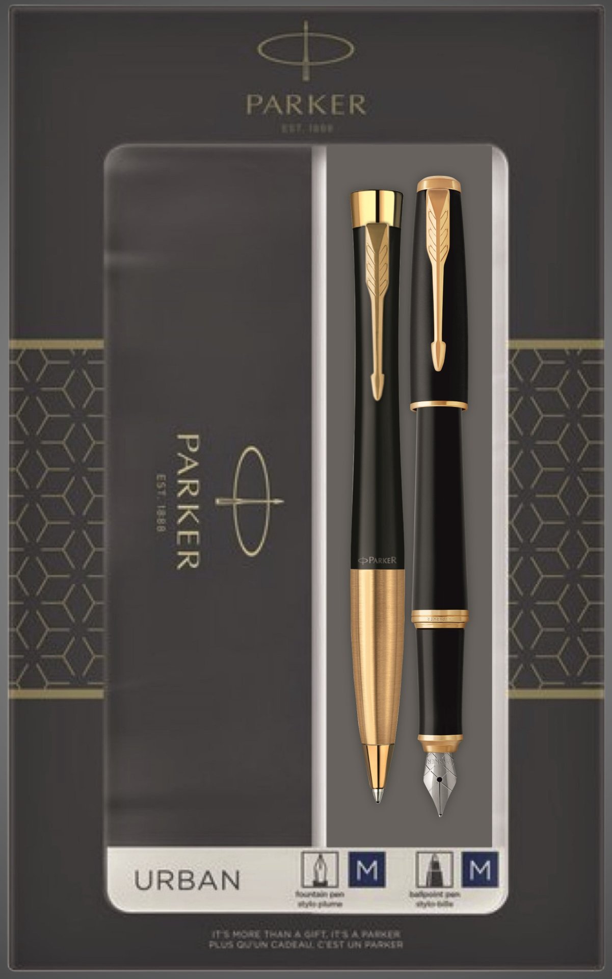 Подарочный набор из 2-х ручек Parker URBAN Muted black GT перьевая и шариковая ручки, Лаки и смолы: лак, латунь