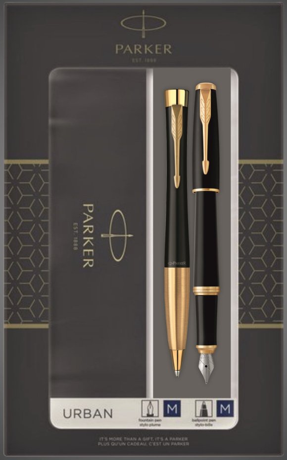 Подарочный набор из 2-х ручек Parker URBAN Muted black GT перьевая и шариковая ручки, Лаки и смолы: лак, латунь