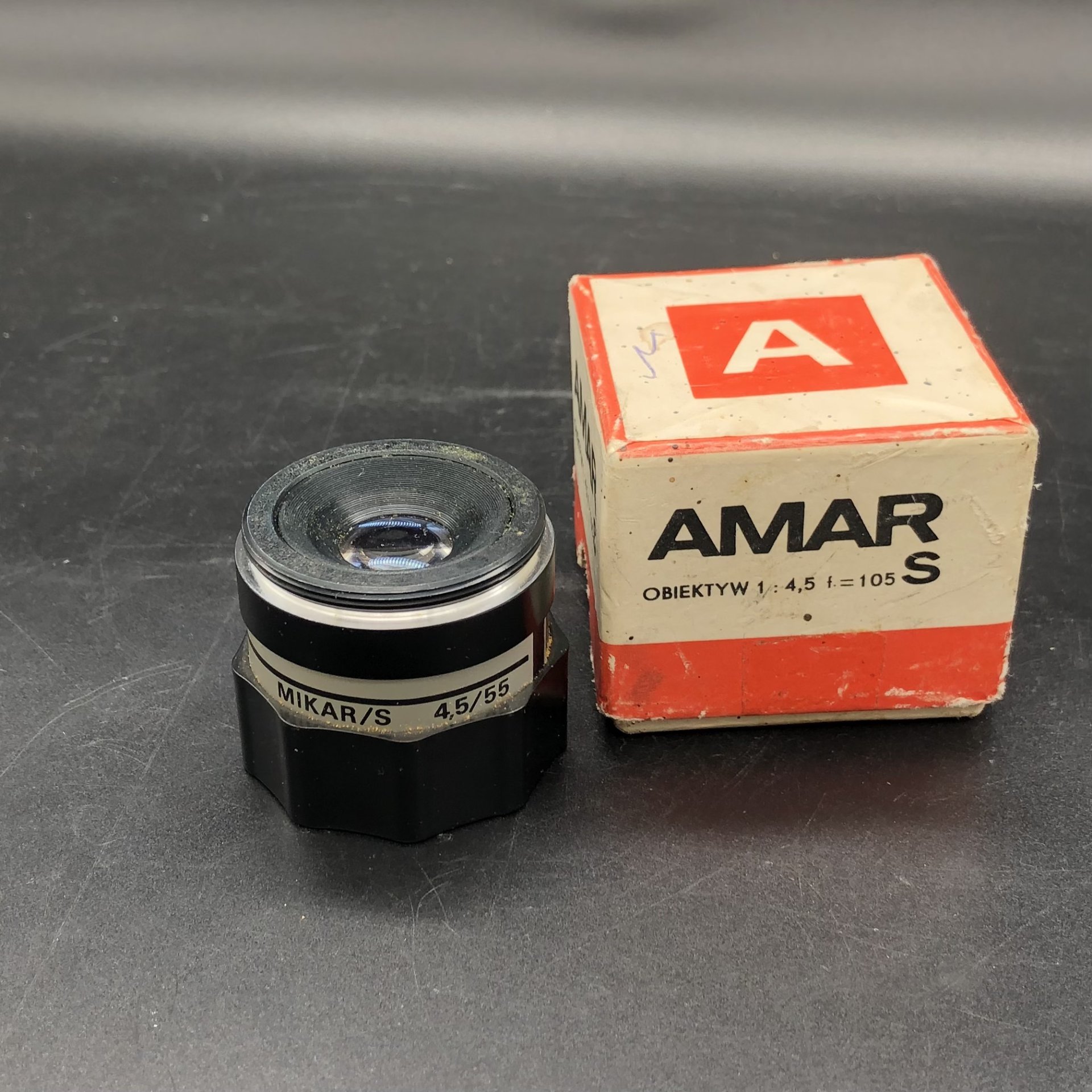 Объектив "MIKAR/S" 4,5/55" в коробке от объектива "AMAR/S", металл, стекло, пластик, PZO Warszawa, Польша, 1980-1990 гг., PZO Warszawa