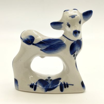 Статуэтка "Козленок с колокольчиком на шее", фарфор, роспись, Речицкий фарфоровый завод (Гжель), СССР, 1970-1985 гг.