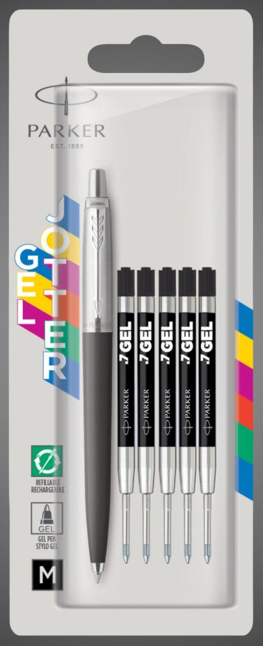 Набор в блистере: Ручка гелевая "Parker Jotter Black" + 5 гелевых стержней. толщина линии М в блистере., Металлы: латунь, нержавеющая сталь, пластик
