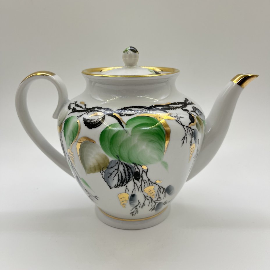 Чайник заварочный "Берёзка" (крышка в подборе), фарфор, золочение, роспись, Ленинградский фарфоровый завод (ЛФЗ), СССР, 1970-1986 гг.