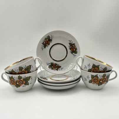 Набор чайных пар на 4 персоны с цветочным декором, фарфор, деколь, золочение, Рижский фарфорово-фаянсовый завод, СССР, 1970-1980 гг.