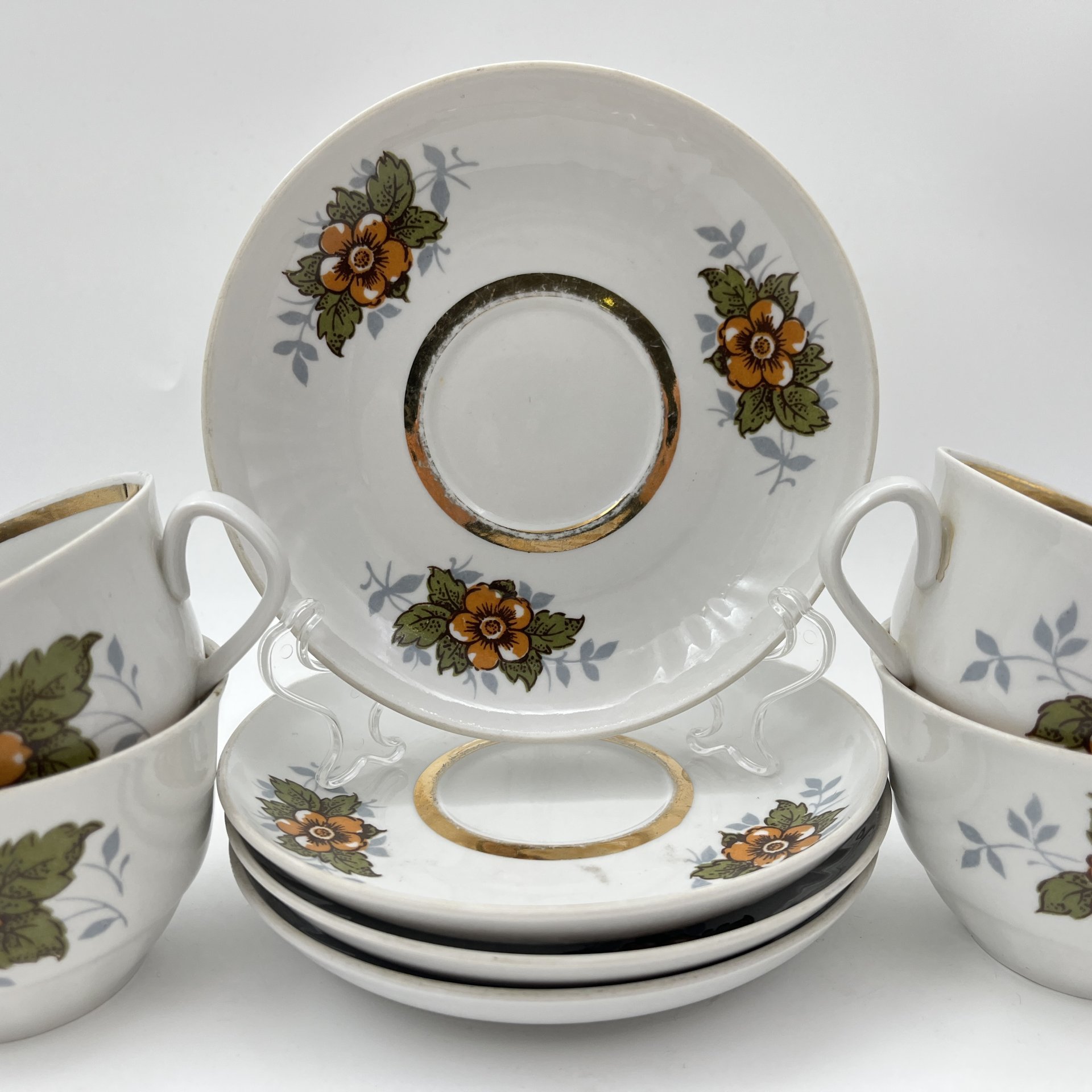 Набор чайных пар на 4 персоны с цветочным декором, фарфор, деколь, золочение, Рижский фарфорово-фаянсовый завод, СССР, 1970-1980 гг.